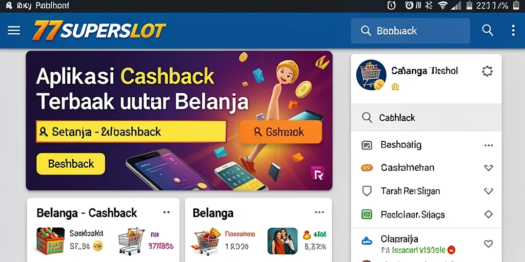 Tampilan antarmuka pengguna 77SUPERSLOT dengan fitur Cashback yang menarik.