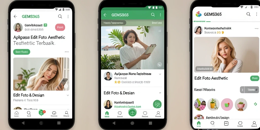 Antarmuka pengguna GEMS365 yang sederhana dan elegan untuk Edit Foto Aesthetic.