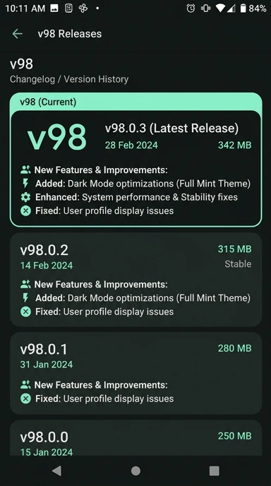 Tampilan riwayat versi v98